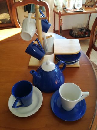 Juego 6 Tazas y Tetera Cerámica Azul/Blanco