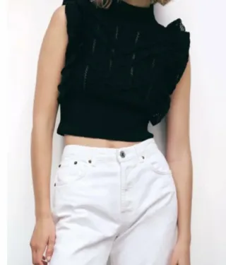 Top Zara Negro Encaje Cuello Alto