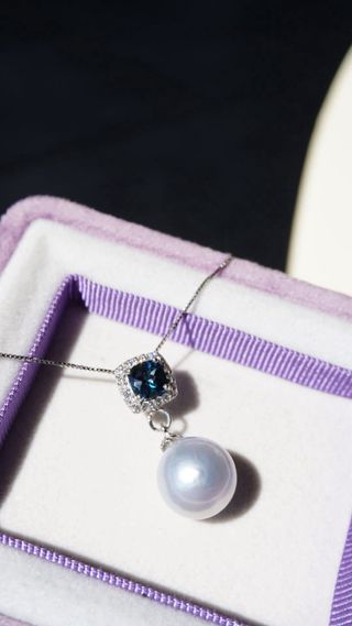 Colgante Plata Perla South Sea 13mm + London Blue