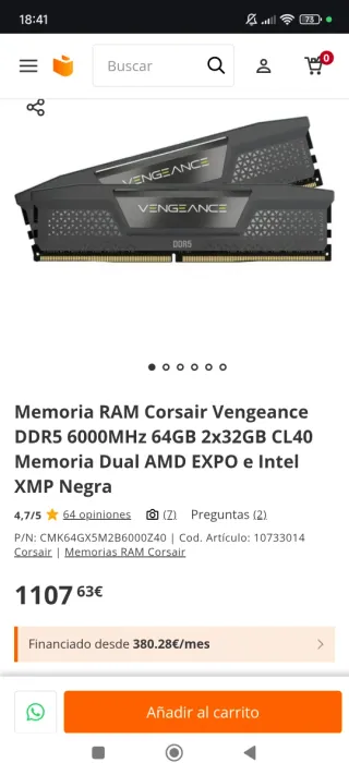Memoria RAM Corsair Vengeance DDR5 64GB 2x32GB