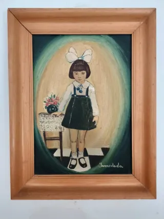 Antiguo cuadro niña pintado a mano sobre lienzo.