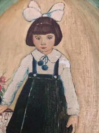 Antiguo cuadro niña pintado a mano sobre lienzo.