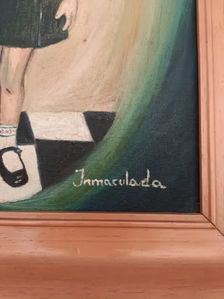 Antiguo cuadro niña pintado a mano sobre lienzo.