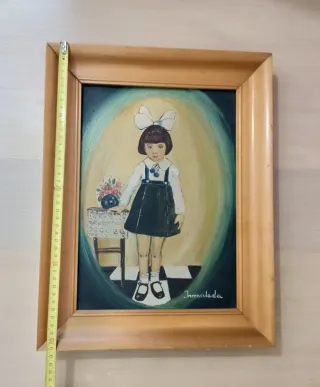 Antiguo cuadro niña pintado a mano sobre lienzo.