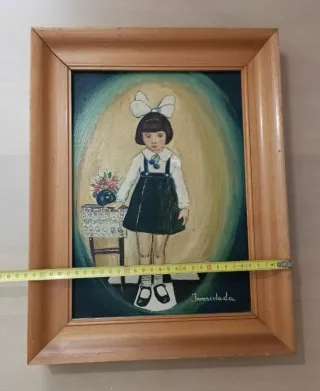 Antiguo cuadro niña pintado a mano sobre lienzo.