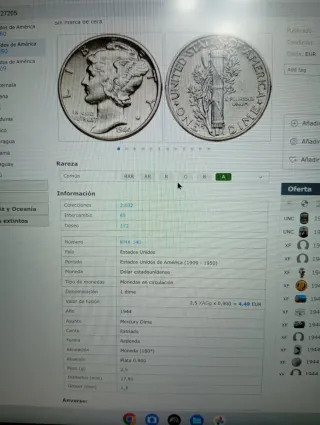 Moneda 1 Dime EEUU 1944 Plata