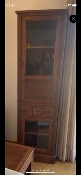 Vitrina estrecha de madera y cristal