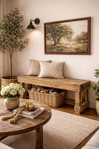 Banco Rústico Madera Reciclada Mimbre