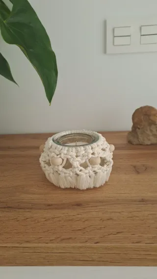 Portavelas Macramé Blanco y Madera
