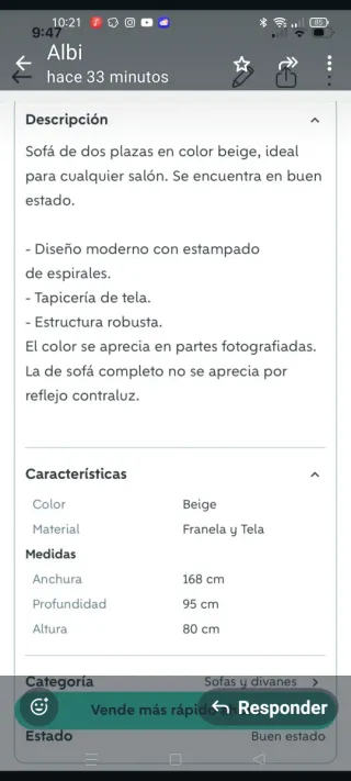 Sofá 2 plazas beige moderno