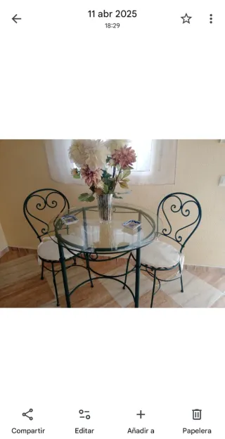 Conjunto mesa y 2 sillas forja cristal