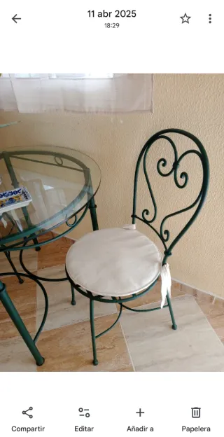Conjunto mesa y 2 sillas forja cristal