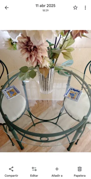 Conjunto mesa y 2 sillas forja cristal