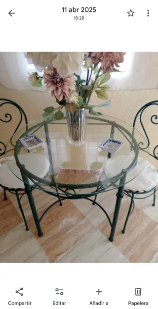Conjunto mesa y 2 sillas forja cristal