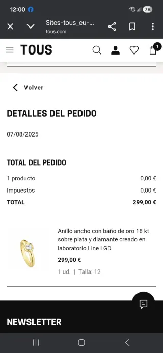 Anillo Tous Diamante bañado en oro 18 k