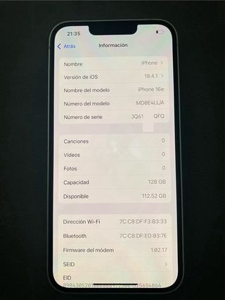 iPhone 16e Blanco 128GB Batería 100%