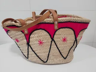 Capazo mexicano beige y rosa con asas de cuero