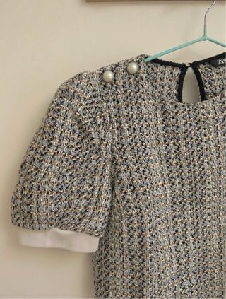 Top Zara Tweed Hombros Acolchados Perlas