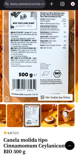 Canela Ceylán Bio 2kg Precintada