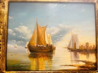 Cuadro Bell - Veleros al atardecer en bahía.