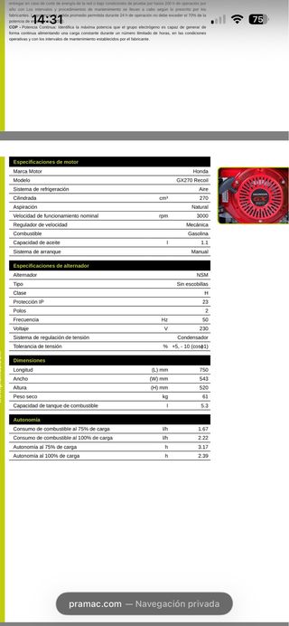 Generador Eléctrico Gasolina PRAMAC MES 5000