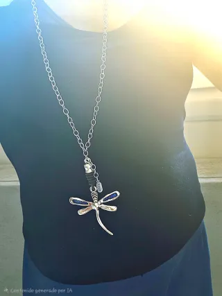 Collar largo libélula esmaltada azul y plata