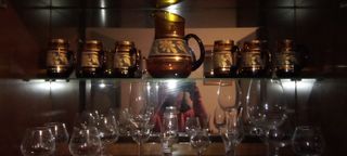 Jarra y vasos de cristal. Juegos de café porcelana