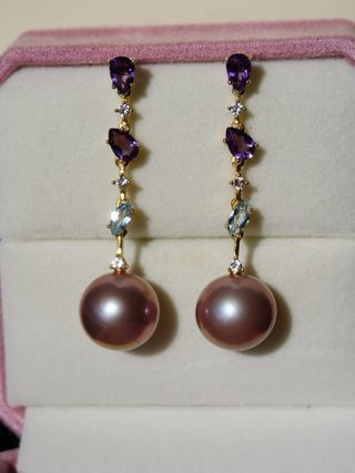 Pendientes Perla Edison Morada 13.1-13.2mm Oro
