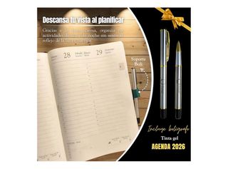 Agenda verde con bolígrafo y caja