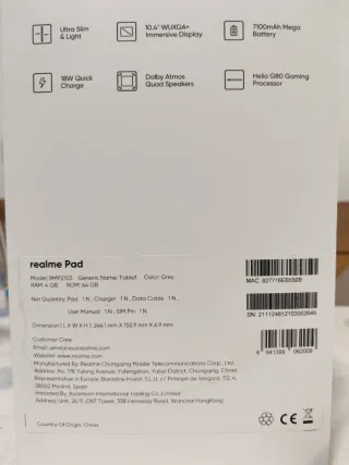 Tablet Realme Pad 10.4 Ultra Slim Gris/Negra