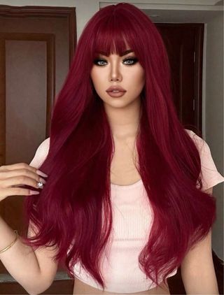 Peluca larga rojo vino flequillo sintetica calidad