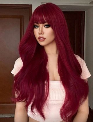 Peluca larga rojo vino flequillo sintetica calidad