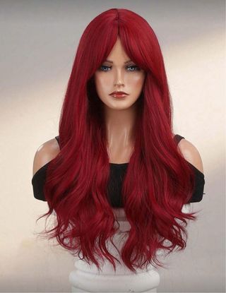Peluca larga rojo vino flequillo sintetica calidad
