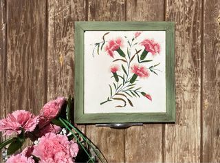 Cuadro azulejo vintage claveles rosas