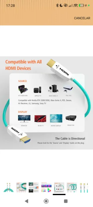 Cable HDMI 2.1 Fibra Óptica 8K 15M