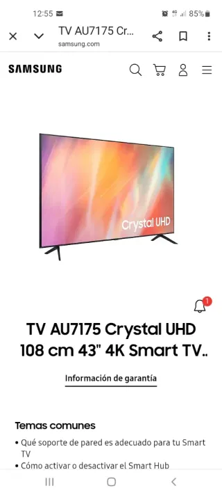 Smart TV Samsung 43 Negra Cristal UHD 4K