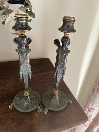 Pareja Candelabros Bronce Figuras Ángel