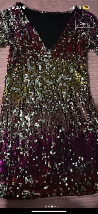 Vestido fiesta lentejuelas oro y morado