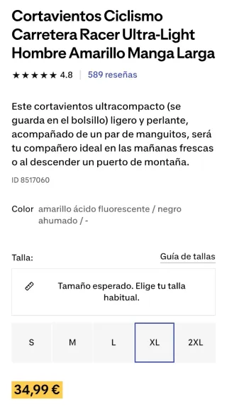 Cortavientos ciclismo Van Rysel Talla XL