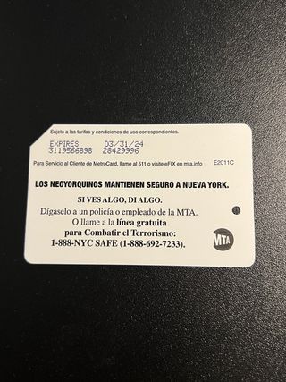 Metro Card New York Espanol Backside