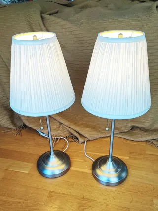 Pareja Lámparas Base Satinada Tela Blanca