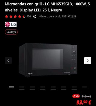 Microondas LG MH6535GIB Grill 1000W