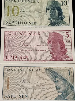 Lote 3 Billetes Indonesia 1, 5, 10 Sen 1964
