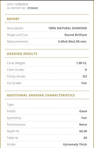 Anillo Oro 18k Diamante Natural 1.00 Ct SI2/D