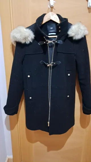 Abrigo Mango Lana Capucha XS/34 Negro