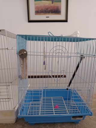 Jaula para pájaros azul y blanca