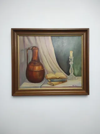 Cuadro Bodegón Óleo Jarrón Libros