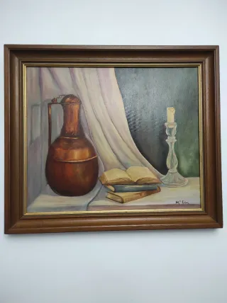 Cuadro Bodegón Óleo Jarrón Libros