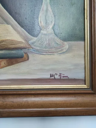 Cuadro Bodegón Óleo Jarrón Libros