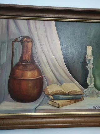 Cuadro Bodegón Óleo Jarrón Libros